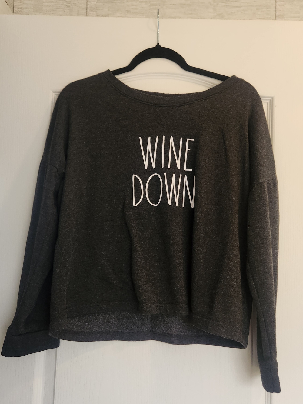 Rae Dunn Charcoal 'WINE DOWN' Graphic Crewneck Sweatshirt M Euc